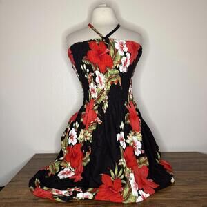 Black Floral Halter Dress with Red and White Flowers